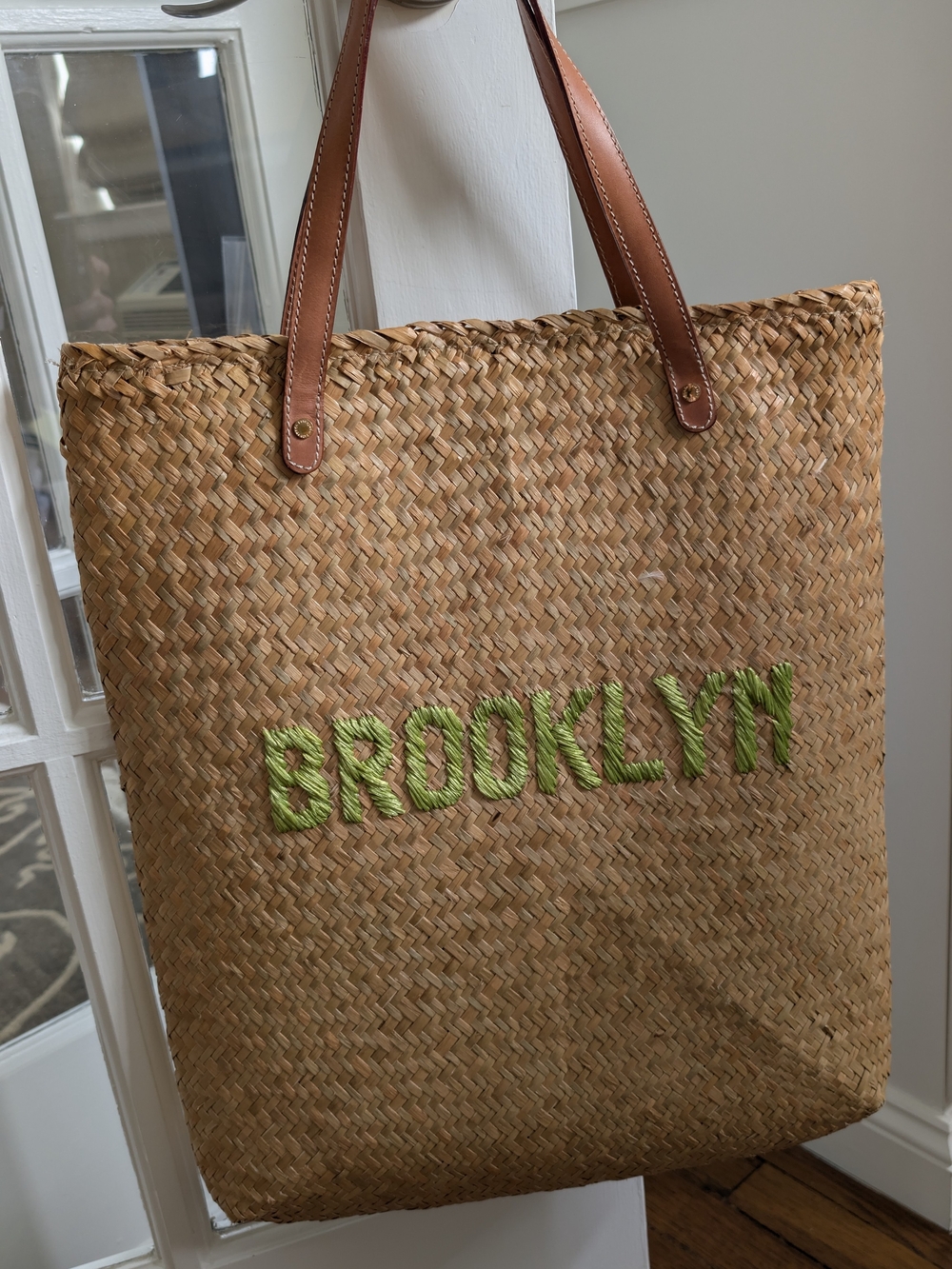 Kate Spade Natural Straw Tote with Green 'BROOKLYN' Embroidery